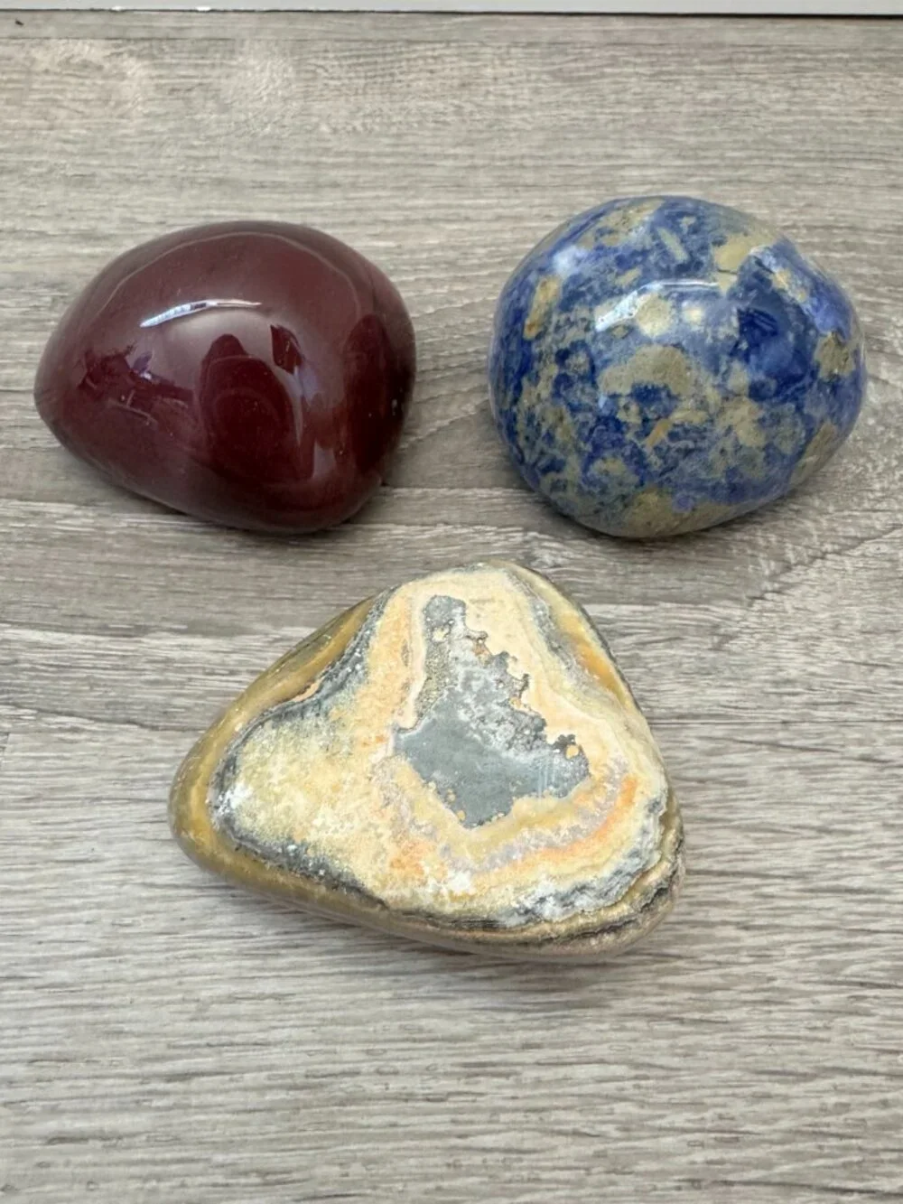 Set of Three Large Display Gemstones | Bloodstone, Bumblebee Jasper, Soladite